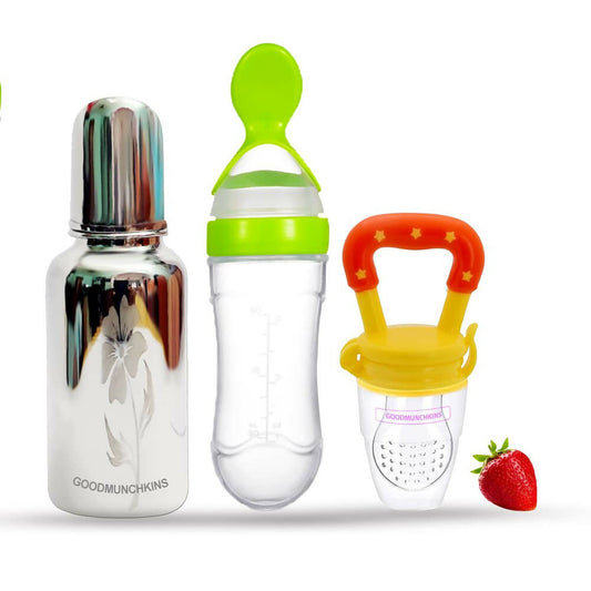 Goodmunchkins Stainless Steel Feeding Bottle, Food Feeder & Fruit Feeder Combo for Baby-(Green-Yellow, 220ml), Australia, Canada 