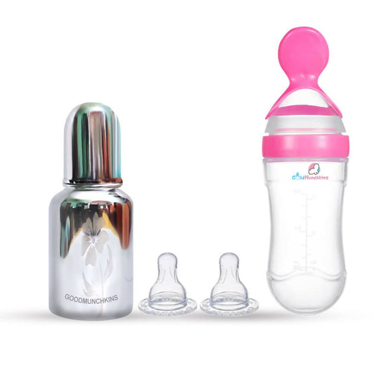 Goodmunchkins Stainless Steel Feeding Bottle & Spoon Food Feeder Anti Colic Silicone Nipple Combo-(Pink,150ml), Australia, Canada 