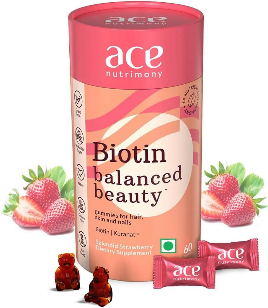 Ace Nutrimony Biotin Balanced Beauty Hair Gummies for Skin and Nails with Clinically Proven Keranat, Biotin Strawberry TrueCure