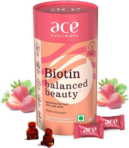 Ace Nutrimony Biotin Balanced Beauty Hair Gummies for Skin and Nails with Clinically Proven Keranat, Biotin Strawberry TrueCure