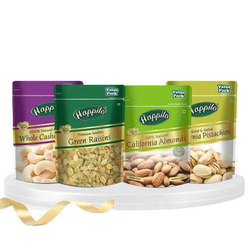 Happilo Premium Super Value Combo (Californian Almonds, Whole Cashews, Pistachios, Seedless Green Raisins) TrueCure