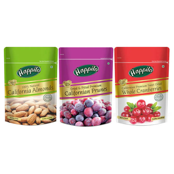 Happilo Premium Dry Fruits Combo (Californian Almonds, Prunes, Cranberries) TrueCure