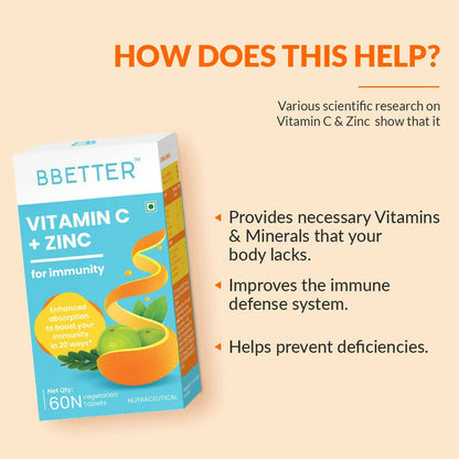 BBETTER Vitamin C and Zinc Tablets for Immunity & Skin Health