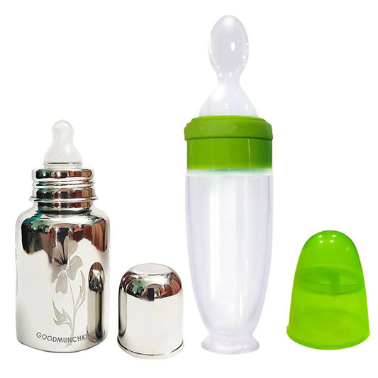 Goodmunchkins Stainless Steel Feeding Bottle 304 Grade Jointless & Spoon Food Feeder for Baby Nipple Feeder 150 ml Combo Pack-Green, Australia, Canada 