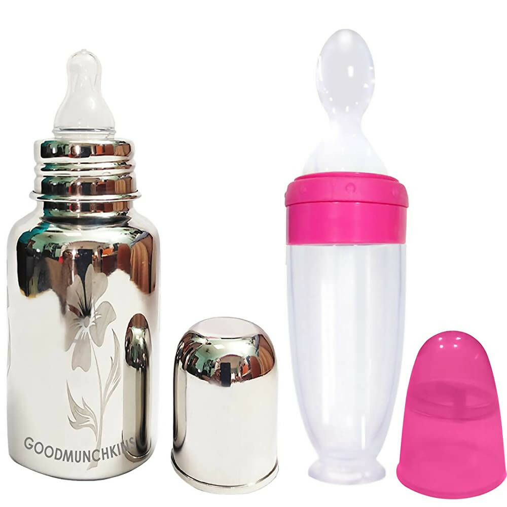 Goodmunchkins Stainless Steel Feeding Bottle 304 Grade Jointless & Spoon Food Feeder for Baby Nipple Feeder 300 ml Combo Pack-Pink, Australia, Canada 