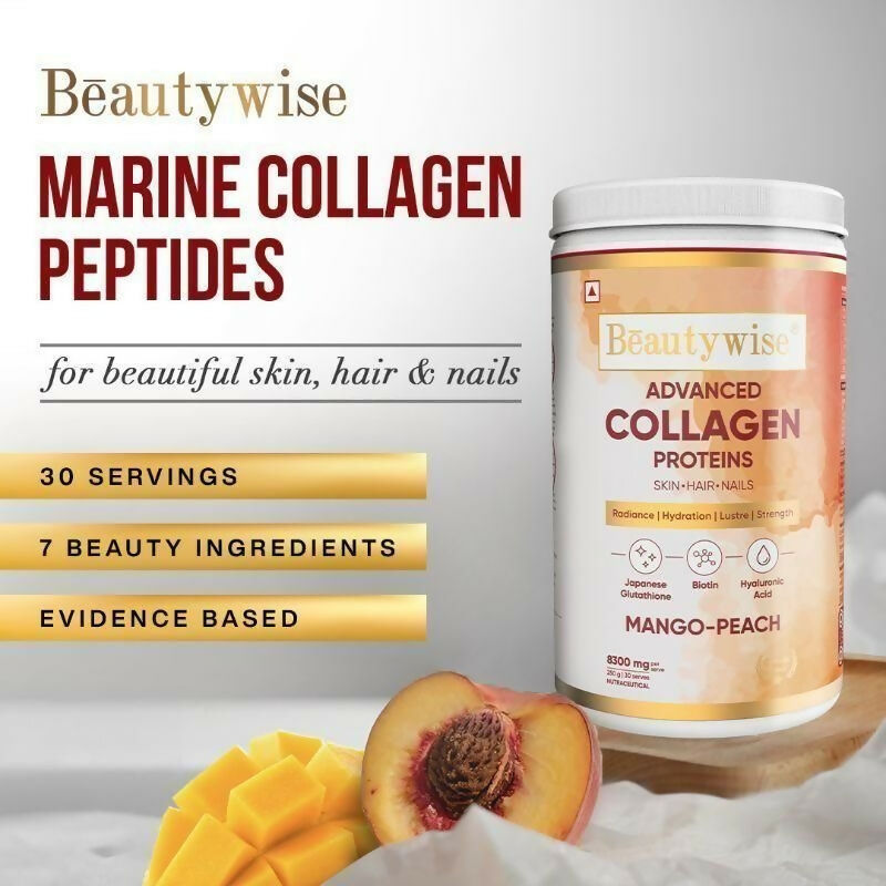 Beautywise Advanced Marine Collagen Anti-Aging Powder - Glutathione, HA & Biotin - Mango-Peach