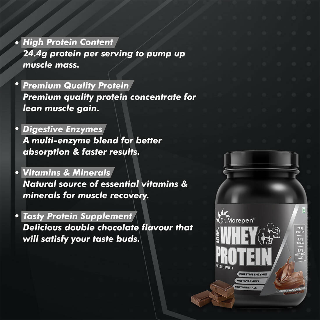 Dr. Morepen 100% Whey Protein infused with Digestive Enzymes, Multivitamins, & Multiminerals in Double Chocolate Flavour