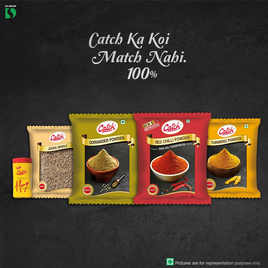 Catch Masala & Spices Combo Five Pack - Coriander Powder 200 gms + Turmeric Powder 200 gms + Red Chilli Powder 200 gms + Cumin Whole 200 gms + Hing 50 gms