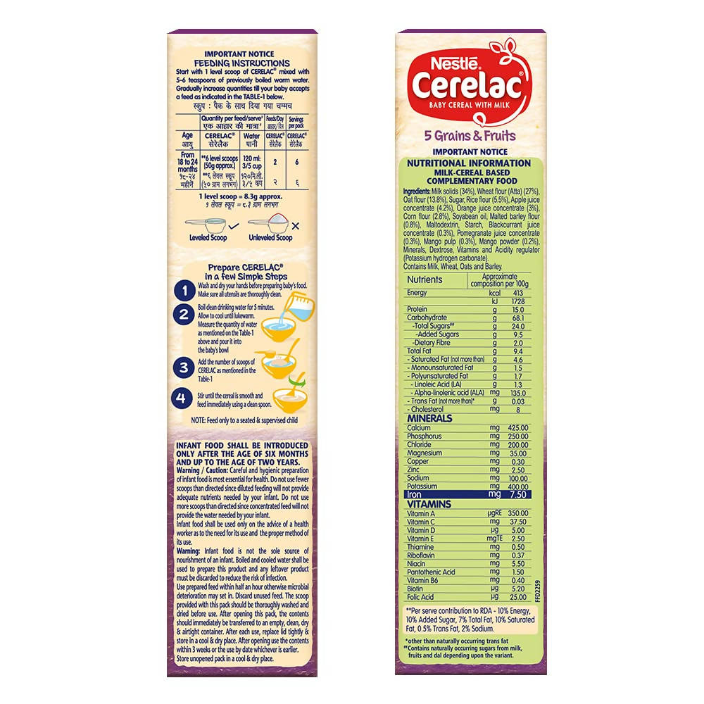 Nestle Cerelac Baby Cereal with Milk, 5 Grains & Fruits  From 18 to 24 Months