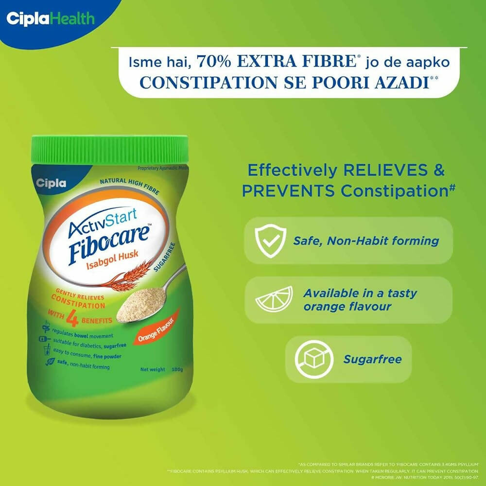 Cipla Fibocare Isabgol Husk Powder | Sugar Free - Orange Flavor