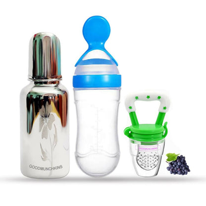 Goodmunchkins Stainless Steel Feeding Bottle, Food Feeder & Fruit Feeder Combo for Baby-(Blue-Green, 220ml), Australia, Canada 