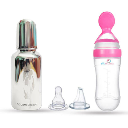 Goodmunchkins Stainless Steel Feeding Bottle & Spoon Food Feeder Anti Colic Silicone Nipple Combo-(Pink,220ml)