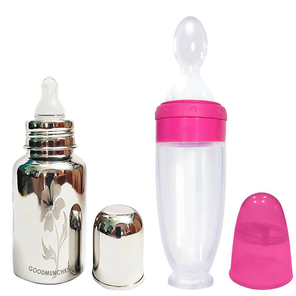 Goodmunchkins Stainless Steel Feeding Bottle 304 Grade Jointless & Spoon Food Feeder for Baby Nipple Feeder 220 ml Combo Pack-Pink, Australia, Canada 