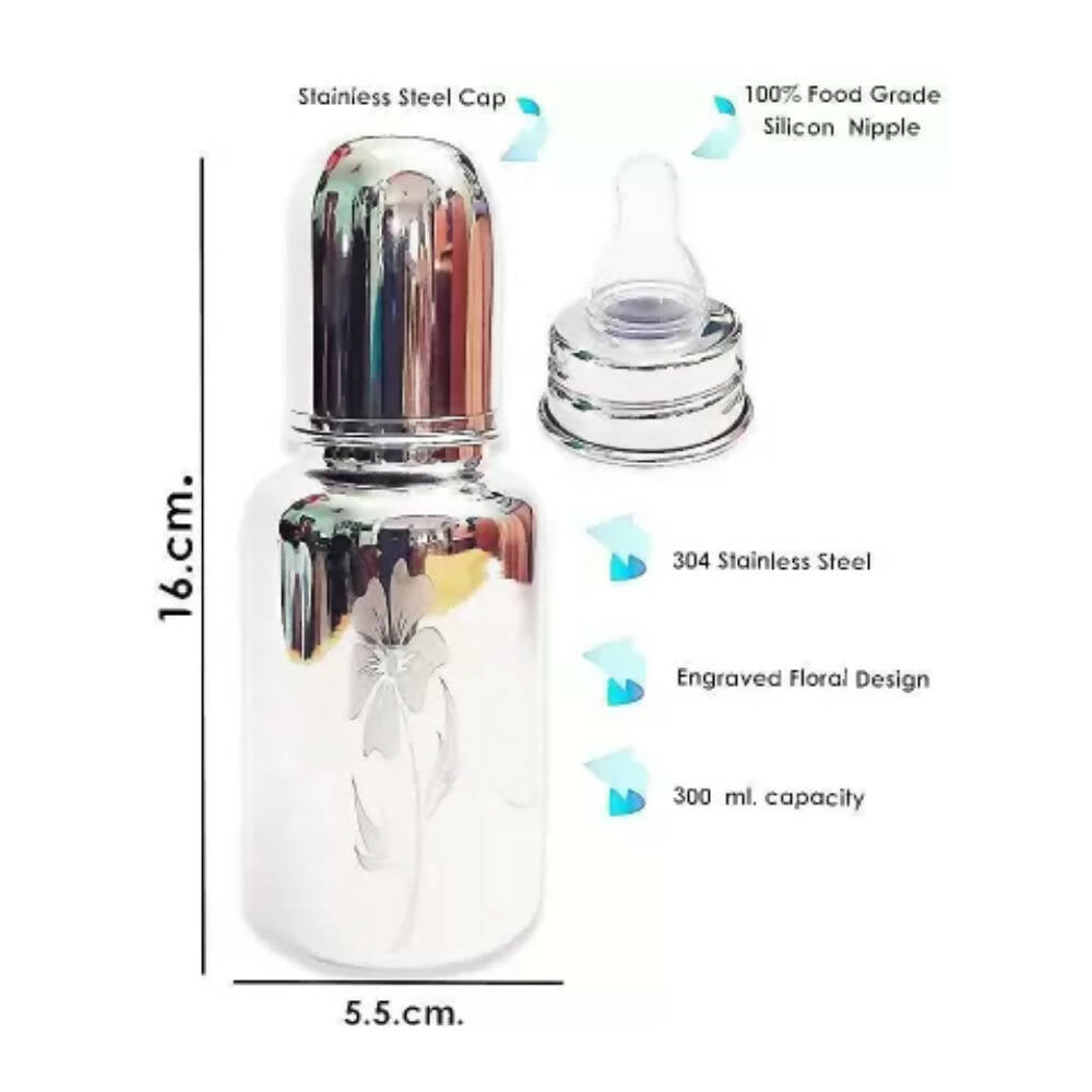 Goodmunchkins Stainless Steel Feeding Bottle 304 Grade Steel, Jointless, BPA Free, Rustfree Bottle with 2 Anti Colic Silicone Nipple For Kids